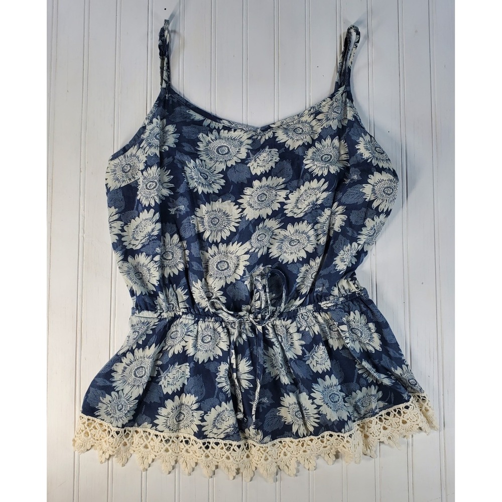 Fifty‎ Street Blue Floral Spaghetti Blouse Tank Top Size Medium Drawstring Waist